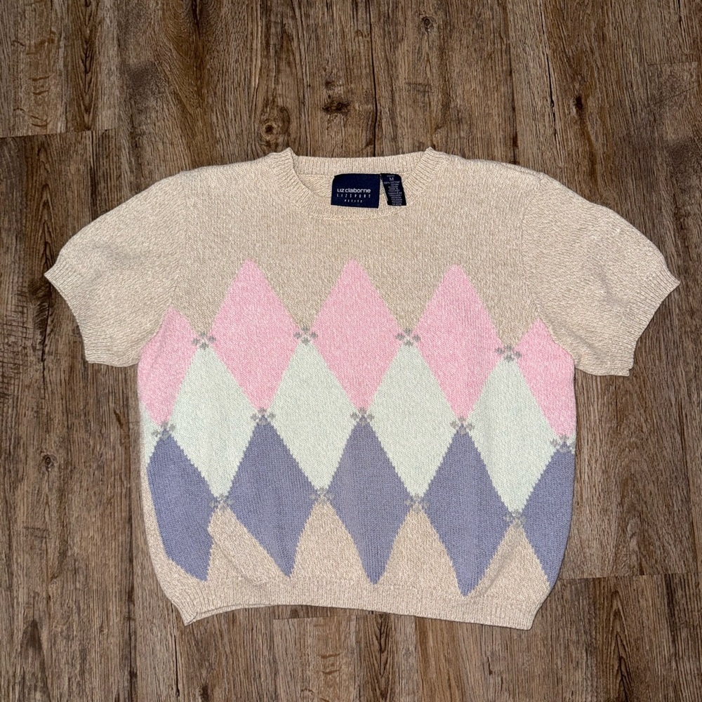 VTG Liz Claiborne Sport Argyle Short Sleeve Sweater